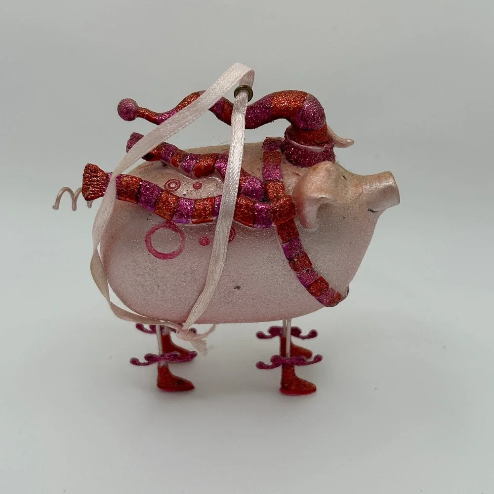 Whimsical Pink Pig Christmas Ornament Dangle Wire Legs Boots Hat Scarf Glitter